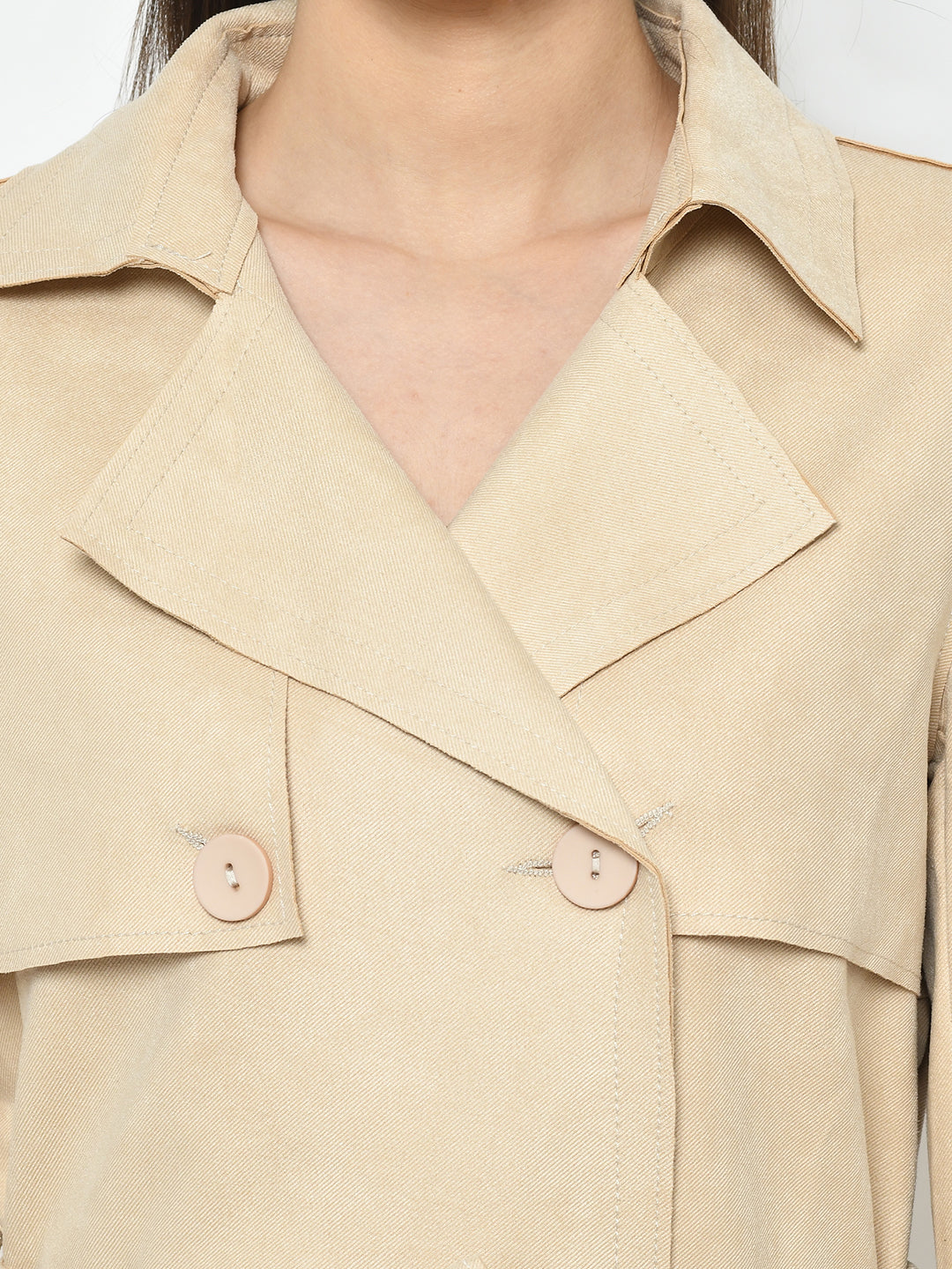 Beige Full Sleeve Trench Coat With Belt