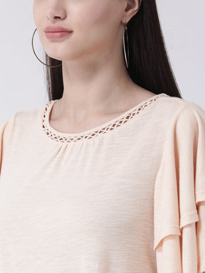 Beige Half Sleeve T Shirt With Ruffles