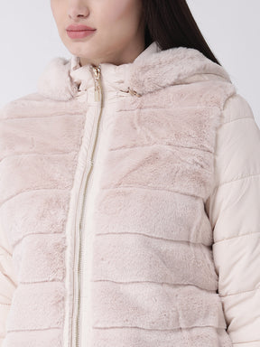 Beige Full Sleeve Puffer Jacket With Fur