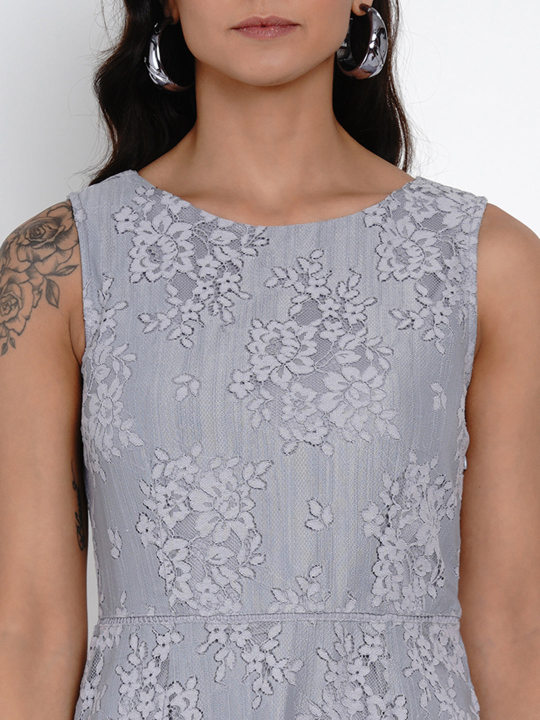 Grey Sleeveless A-Line Dress With Lace