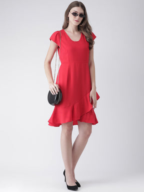 Red Cap Sleeve A-Line Dress With Panels Zip