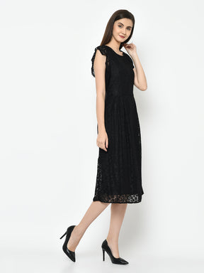 Black Cap Sleeve A-Line Dress With Lace