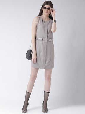 Grey Sleeveless Shift Dress With Belt