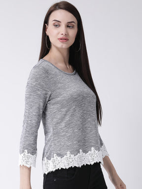 Blue 3/4 Sleeve T Shirt With Lace