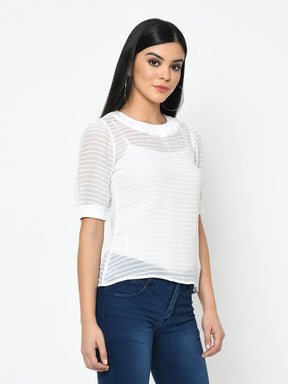 White Half Sleeve Band Neck Blouse