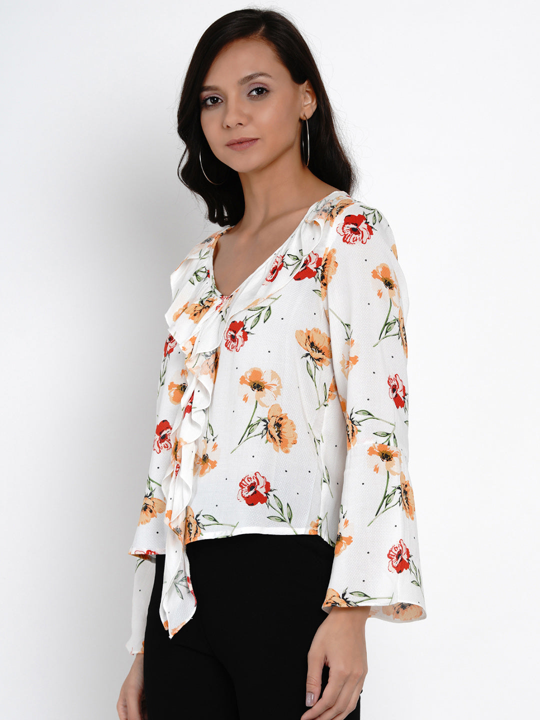 Red 3/4 Sleeve Blouse With Ruffles