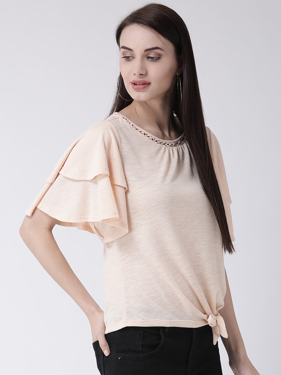 Beige Half Sleeve T Shirt With Ruffles