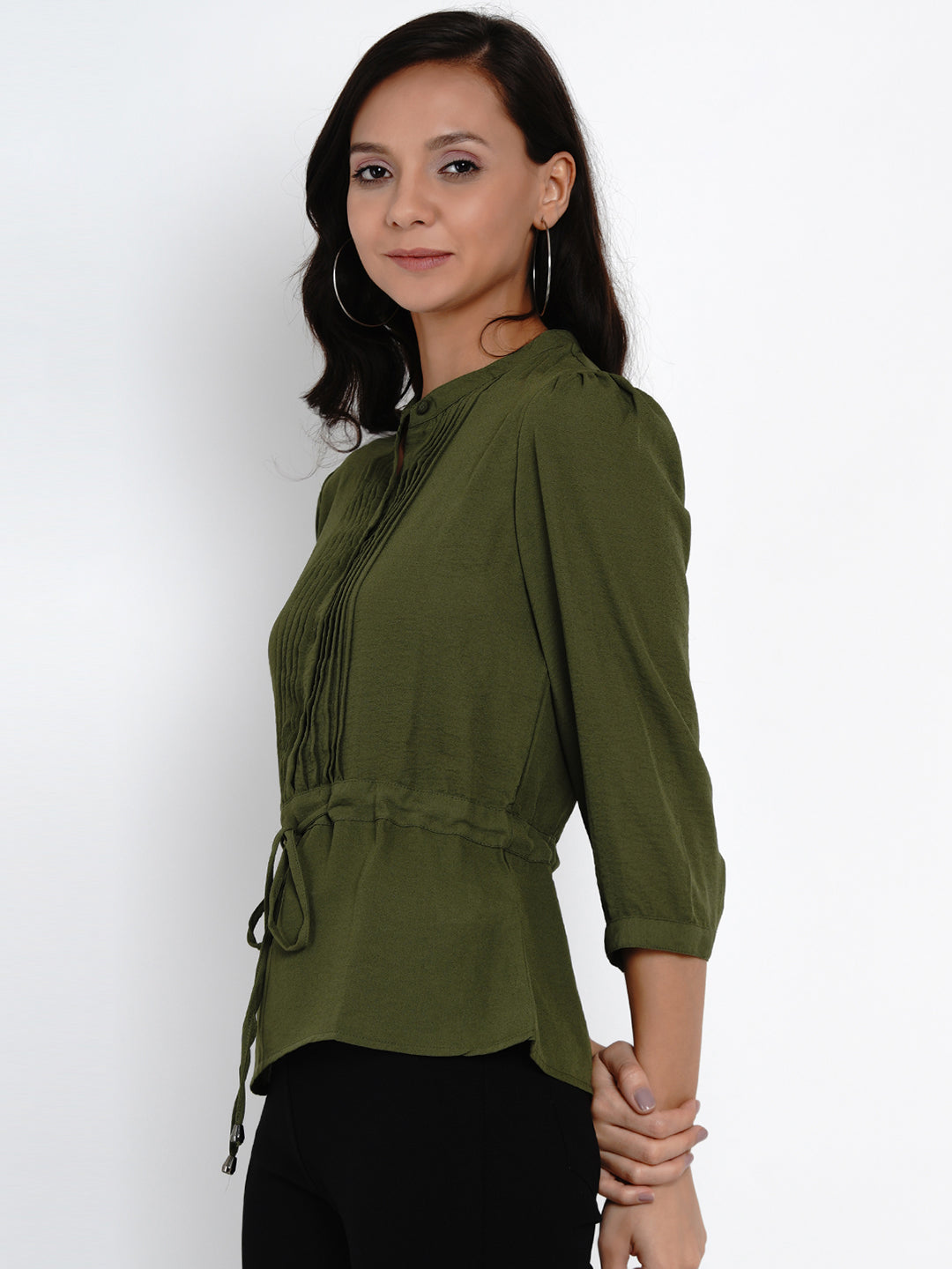 Green 3/4 Sleeve Blouse With Tie