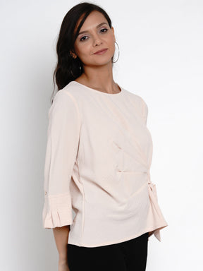 Beige 3/4 Sleeve Blouse With Tie