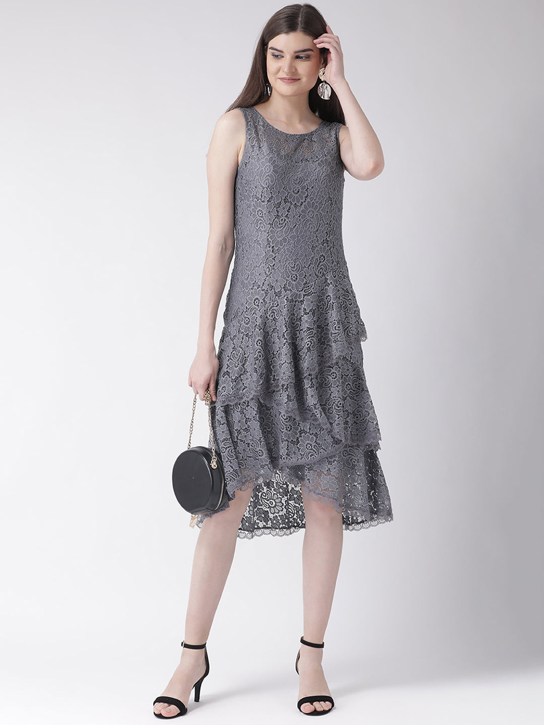 Grey Sleeveless High Low Dress With Ruffles