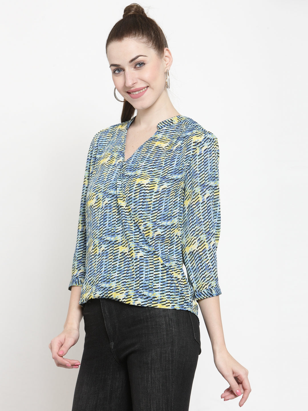 Blue 3/4 Sleeve Wrap Blouse