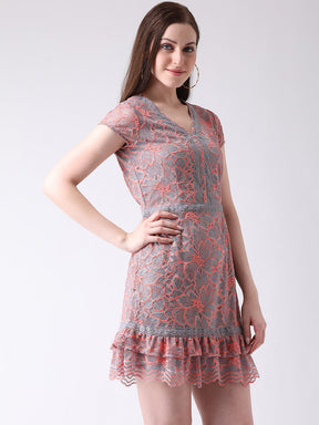 Peach Cap Sleeve A-Line Dress With Laces