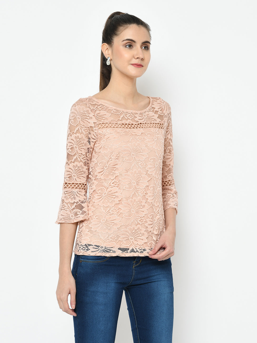 Beige 3/4 Sleeve Blouse With Lace