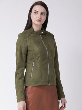 Green Full Sleeve Straight Jacket With Zip