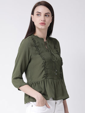 Green 3/4 Sleeve Blouse With Pleated