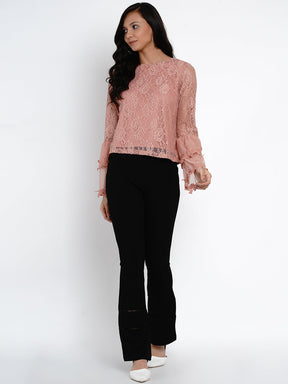 Pink Full Sleeve Stretch Lace Blouse