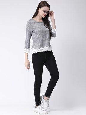 Blue 3/4 Sleeve T Shirt With Lace