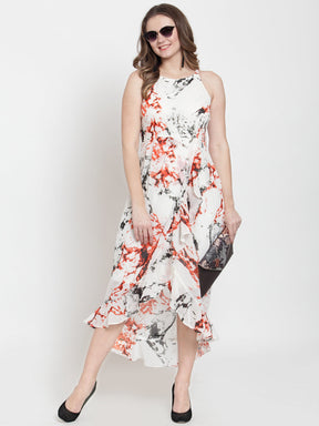 Ivory Sleeveless Maxi Printed Dress With Ruffles