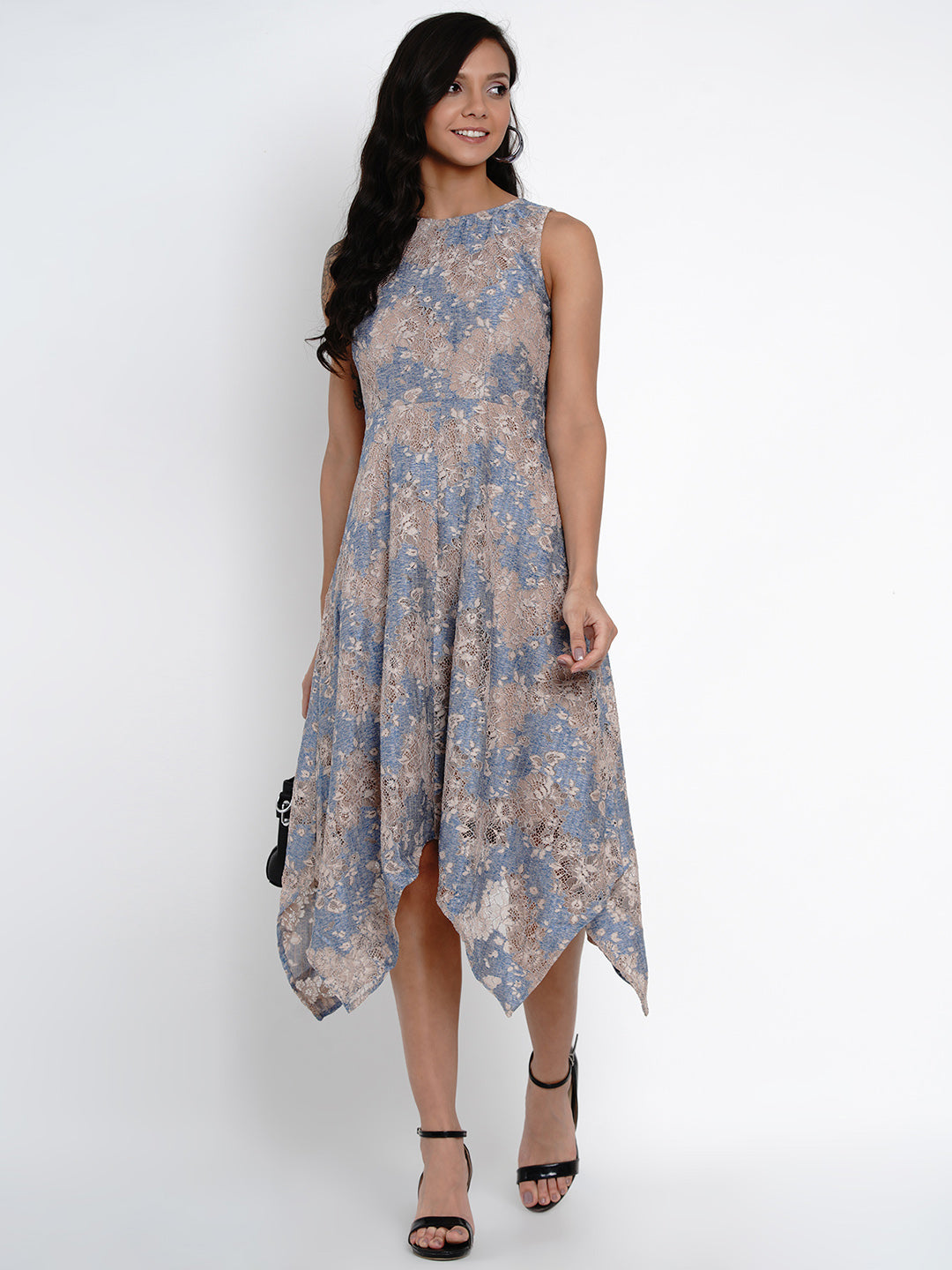 Blue Sleeveless High Low Dress With Lace