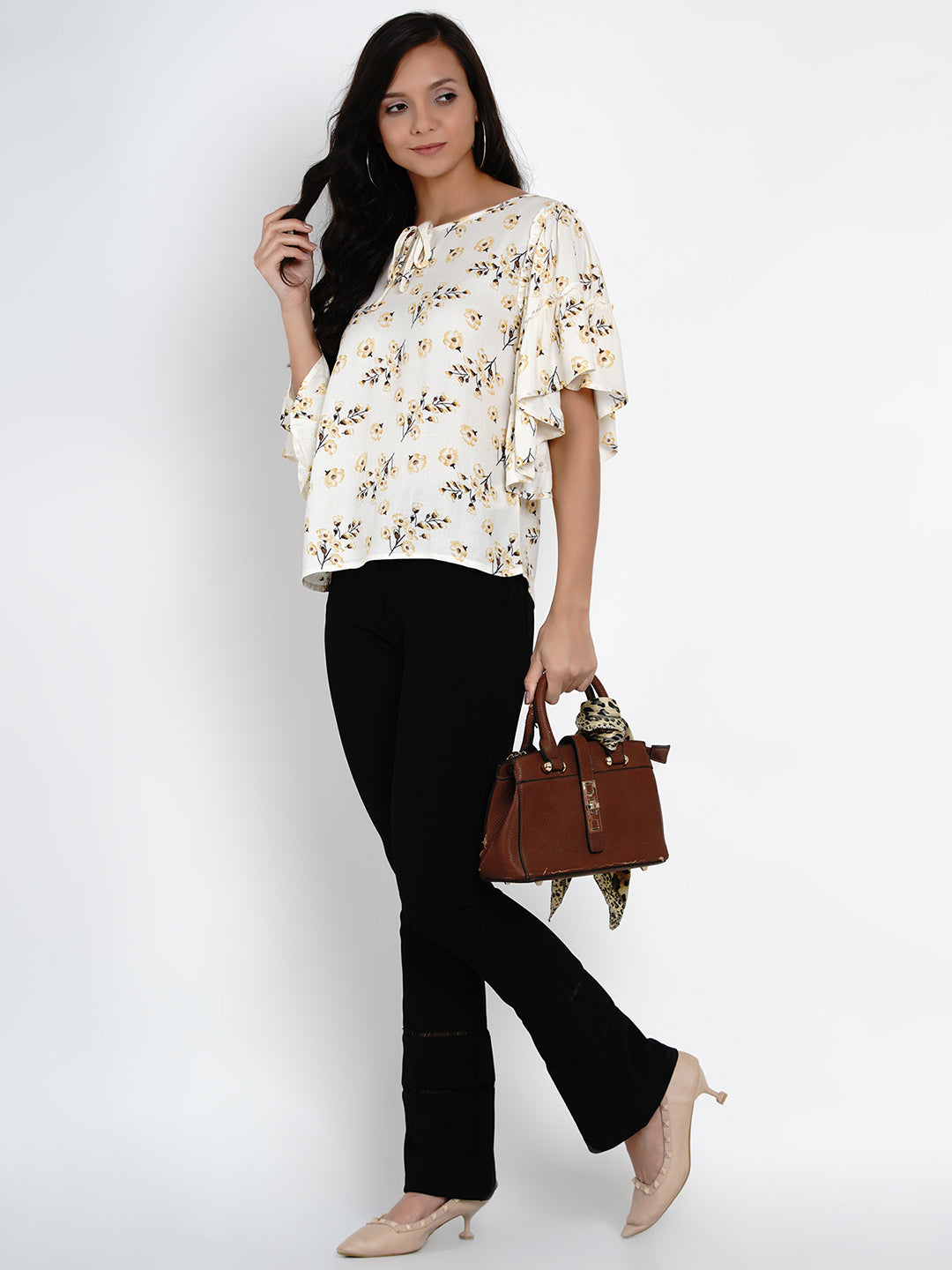 Beige Half Sleeve Rayon Blouse Top