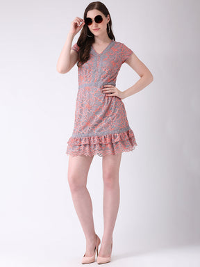 Peach Cap Sleeve A-Line Dress With Laces