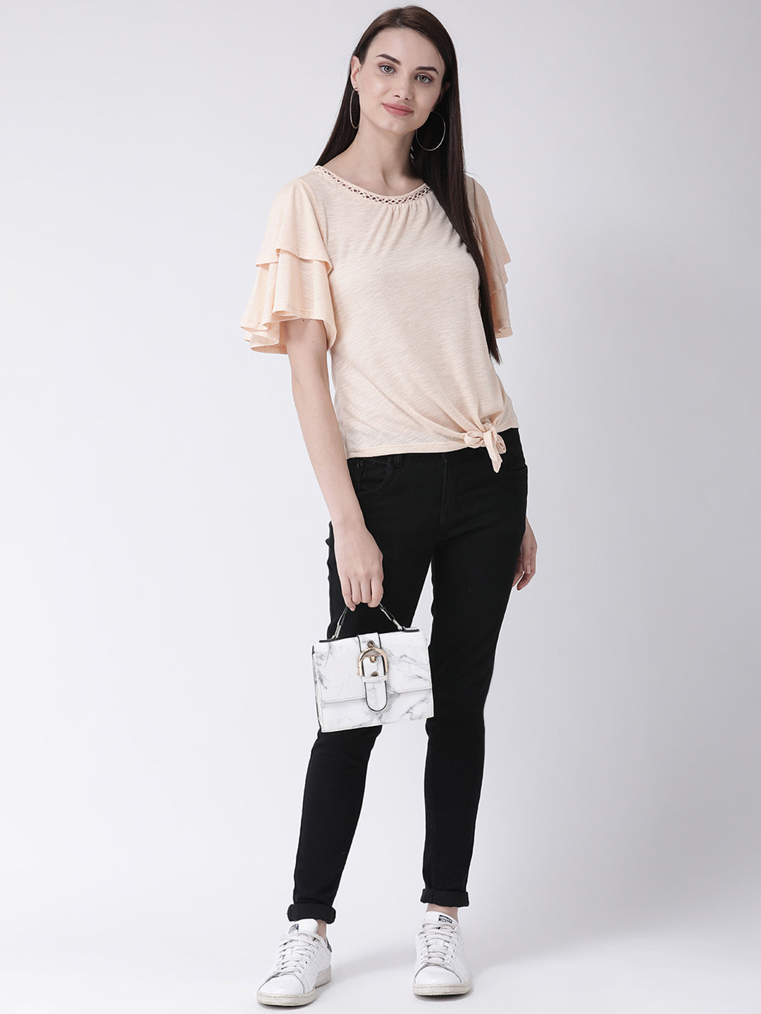 Beige Half Sleeve T Shirt With Ruffles