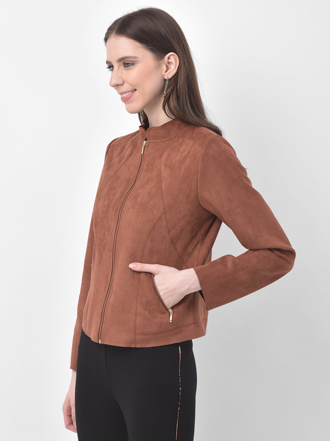 Brown Full Sleeve Straight Jacket With Zip