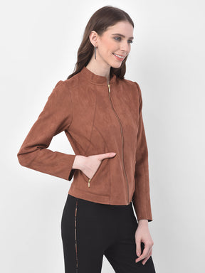 Brown Full Sleeve Straight Jacket With Zip