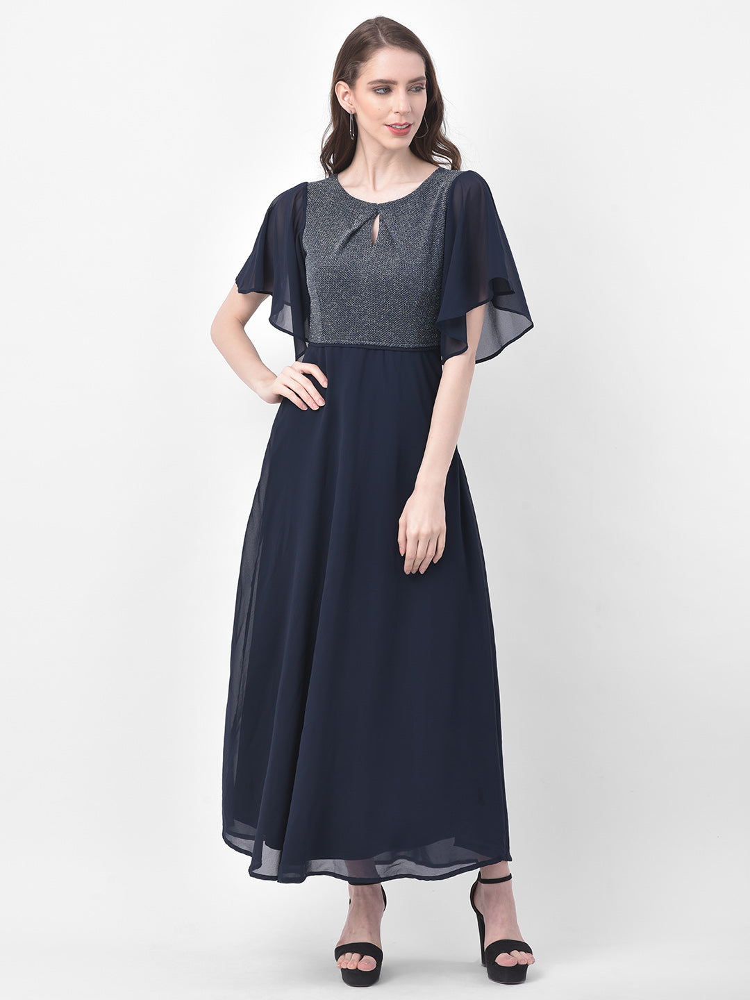 Blue Navy Half Sleeve Maxi Dress With Lurex