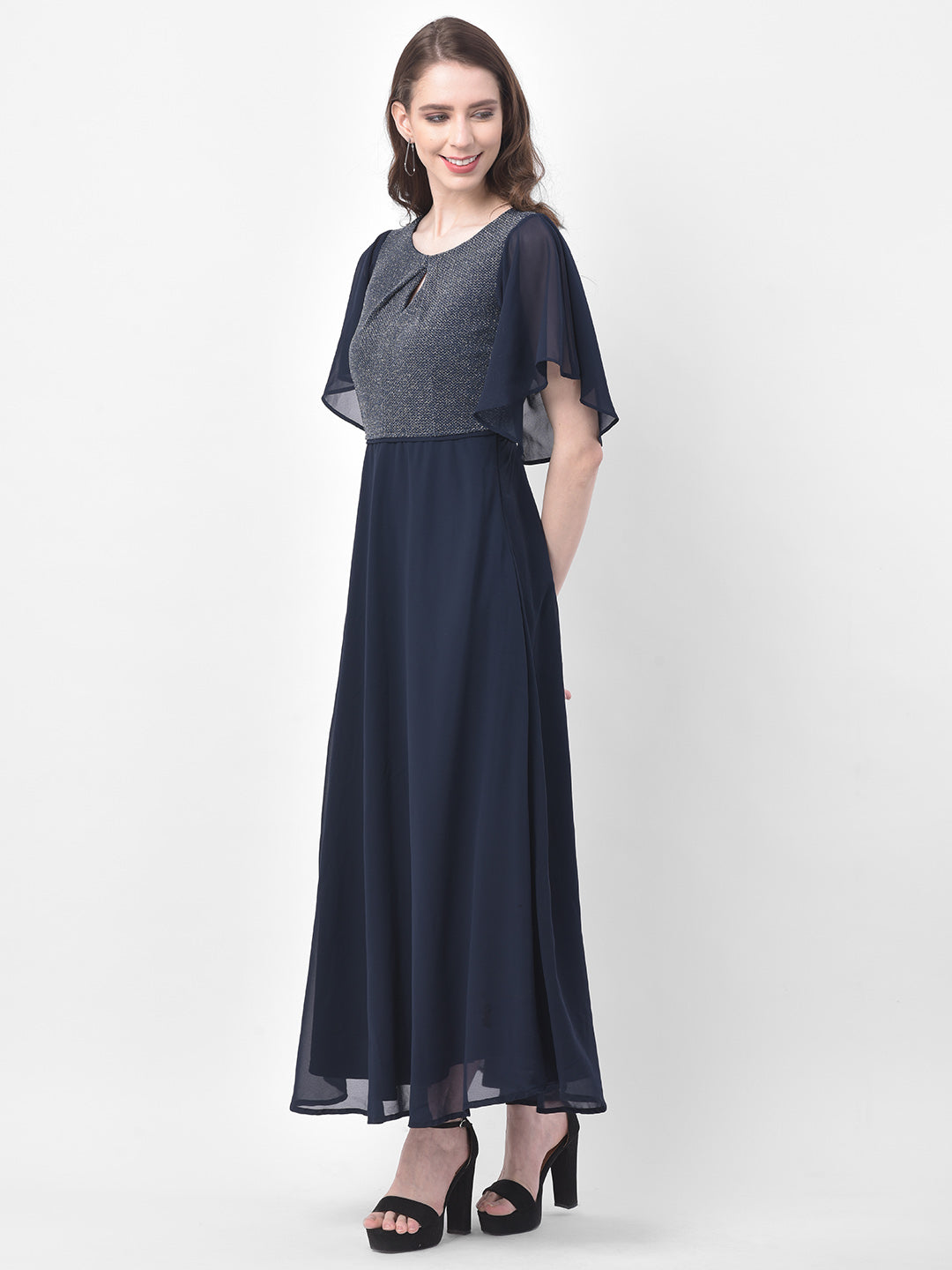 Blue Navy Half Sleeves Maxi Dress With Lurex