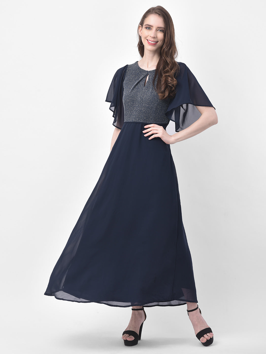 Blue Navy Half Sleeves Maxi Dress With Lurex