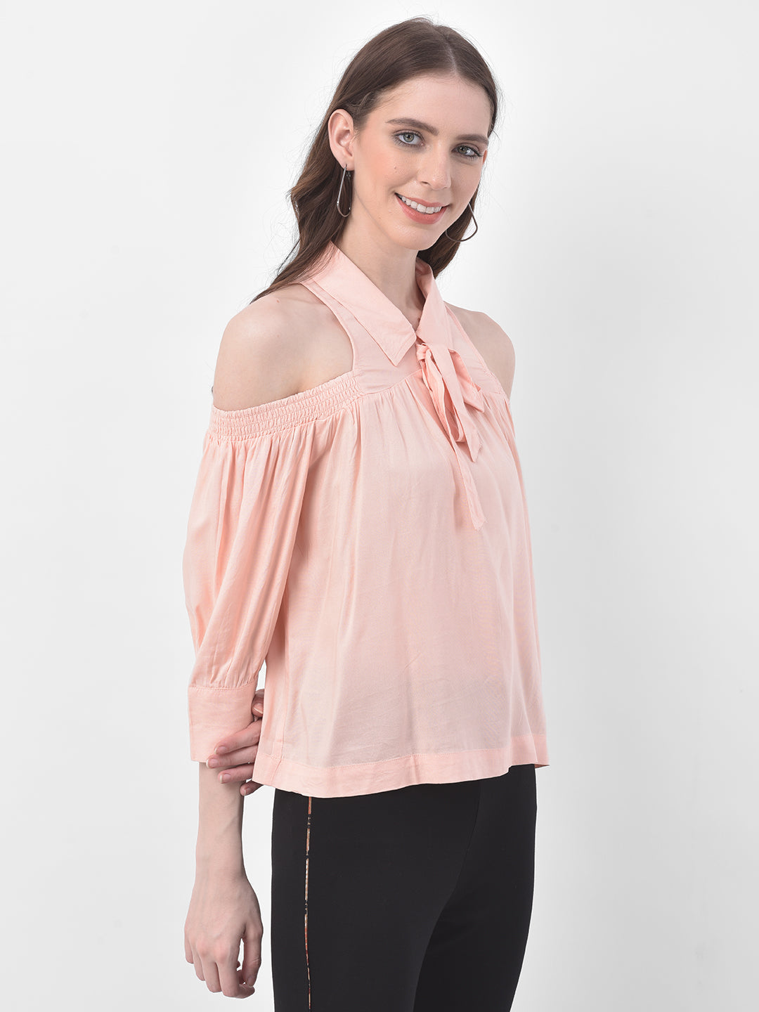 Peach 3/4 Sleeve Blouse With Ties