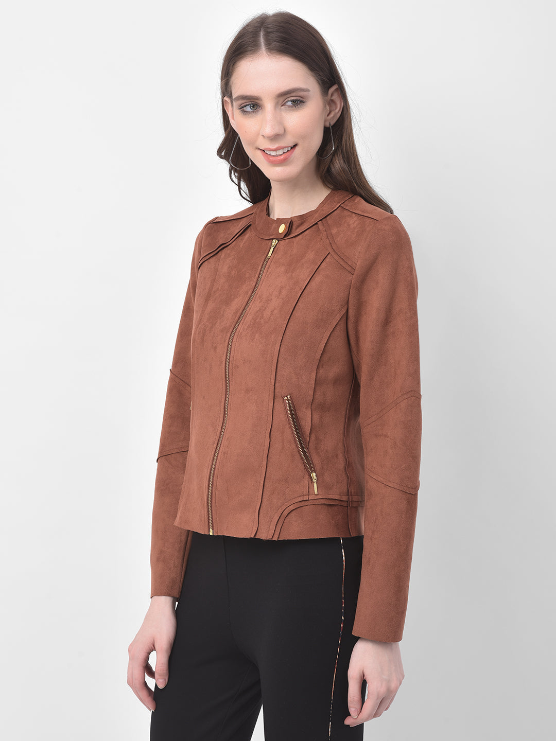 Brown Full Sleeve Straight Zip Jacket