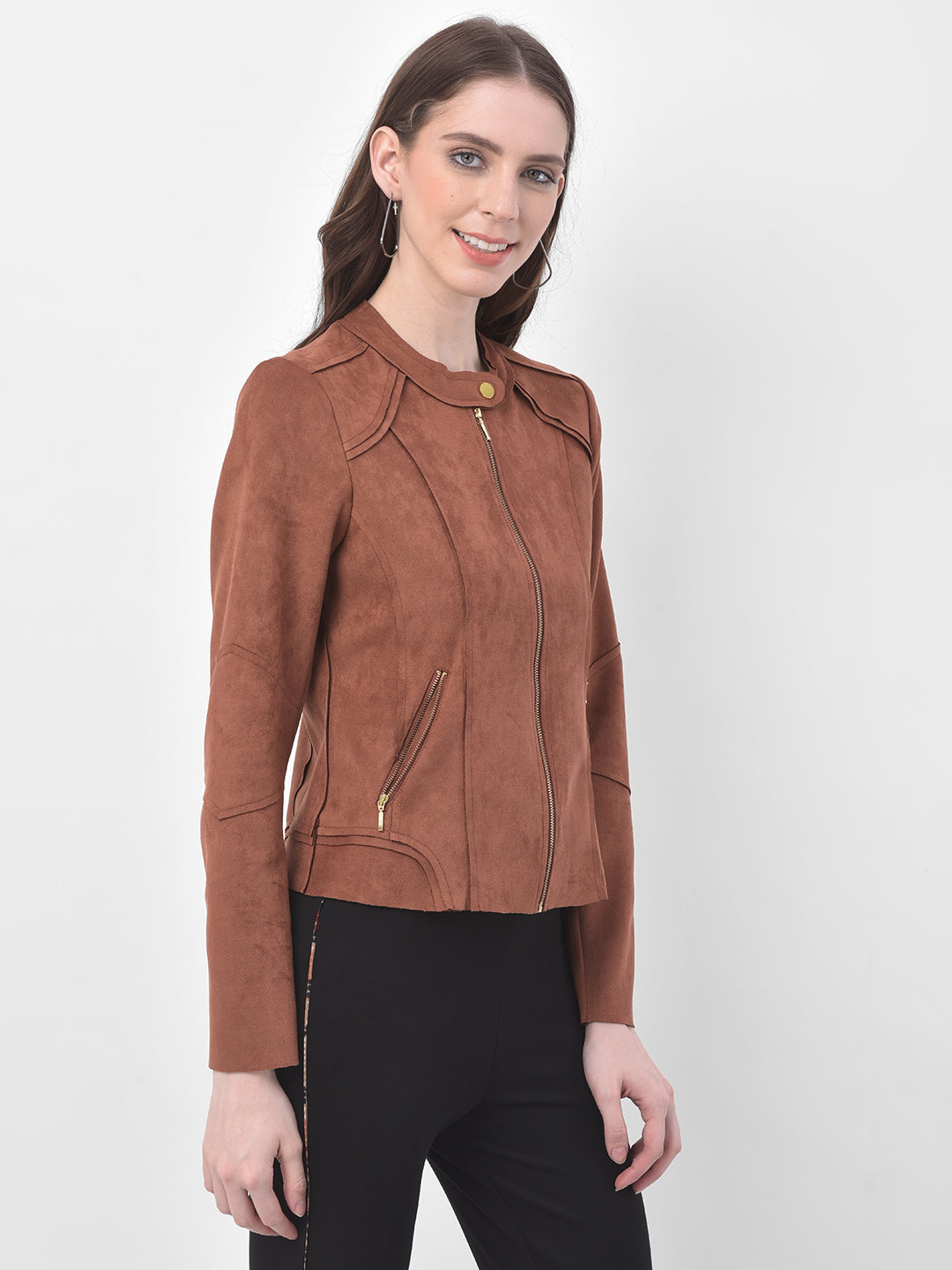 Brown Full Sleeve Straight Zip Jacket