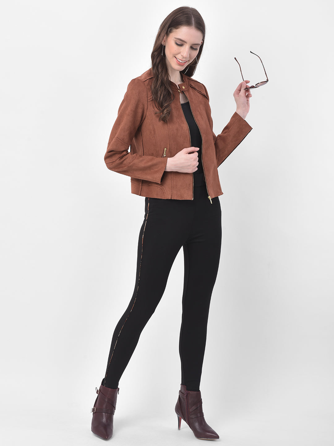 Brown Full Sleeve Straight Zip Jacket