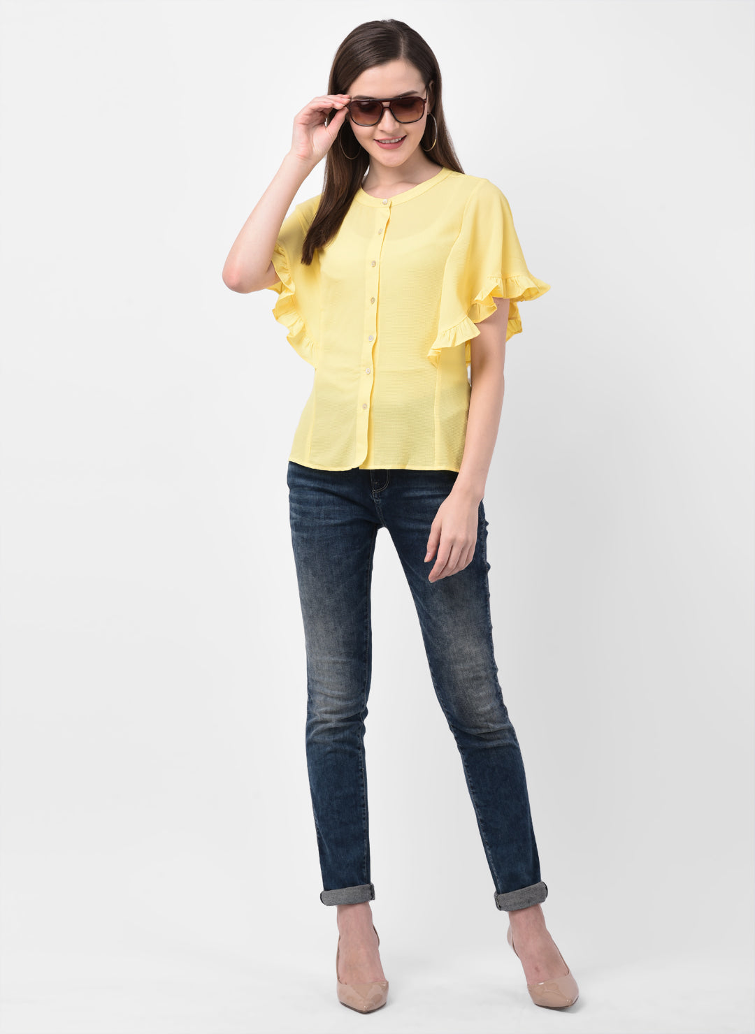 Yellow Half Sleeve Blouse With Ruffles