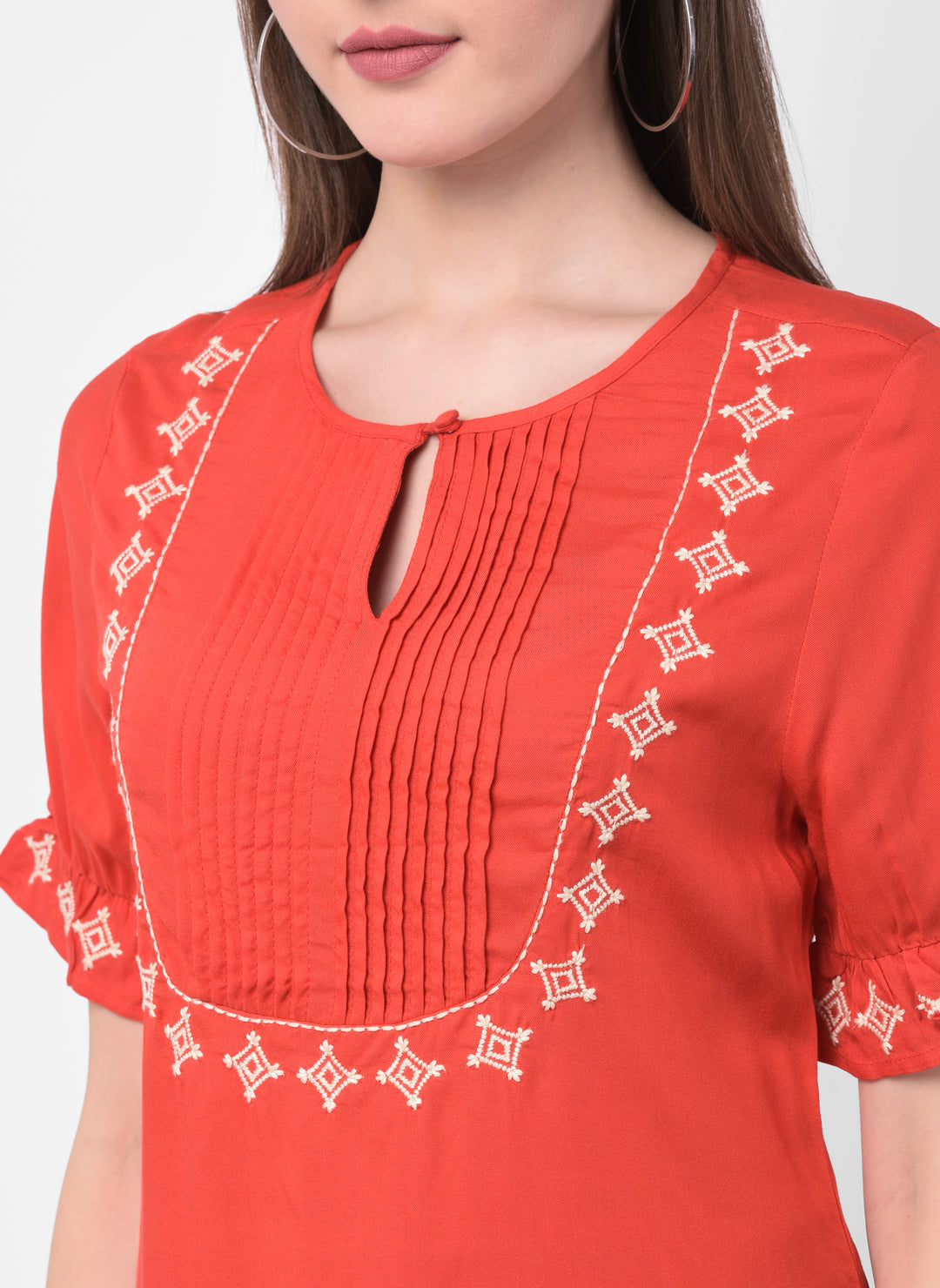 Red Half Sleeve Blouse With Pleated
