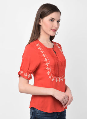 Red Half Sleeve Blouse With Pleated