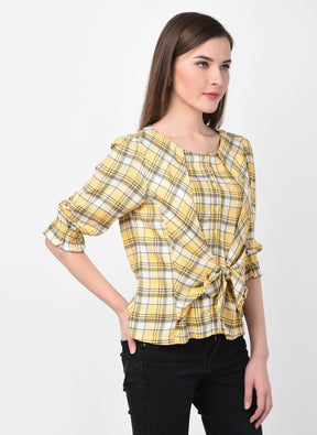 Yellow 3/4 Sleeve Shirt With Tie