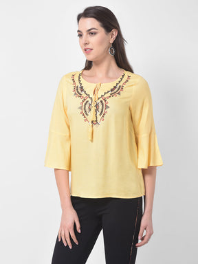Yellow 3/4 Sleeve Blouse With Tassels