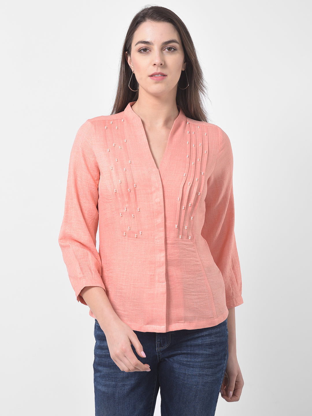 Peach 3/4 Sleeve Blouse With Pearl