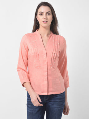 Peach 3/4 Sleeve Blouse With Pearl