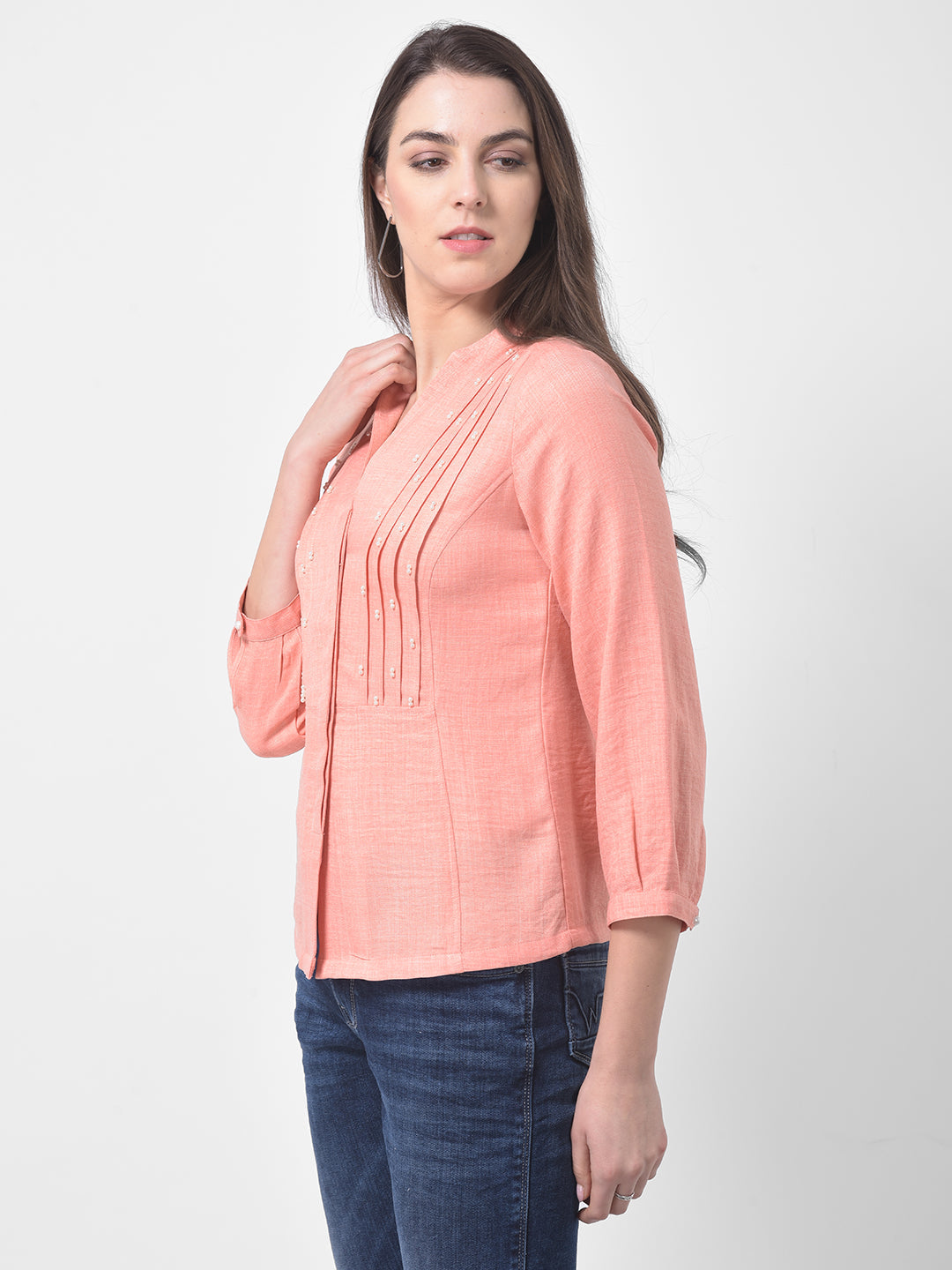 Peach 3/4 Sleeve Blouse With Pearl