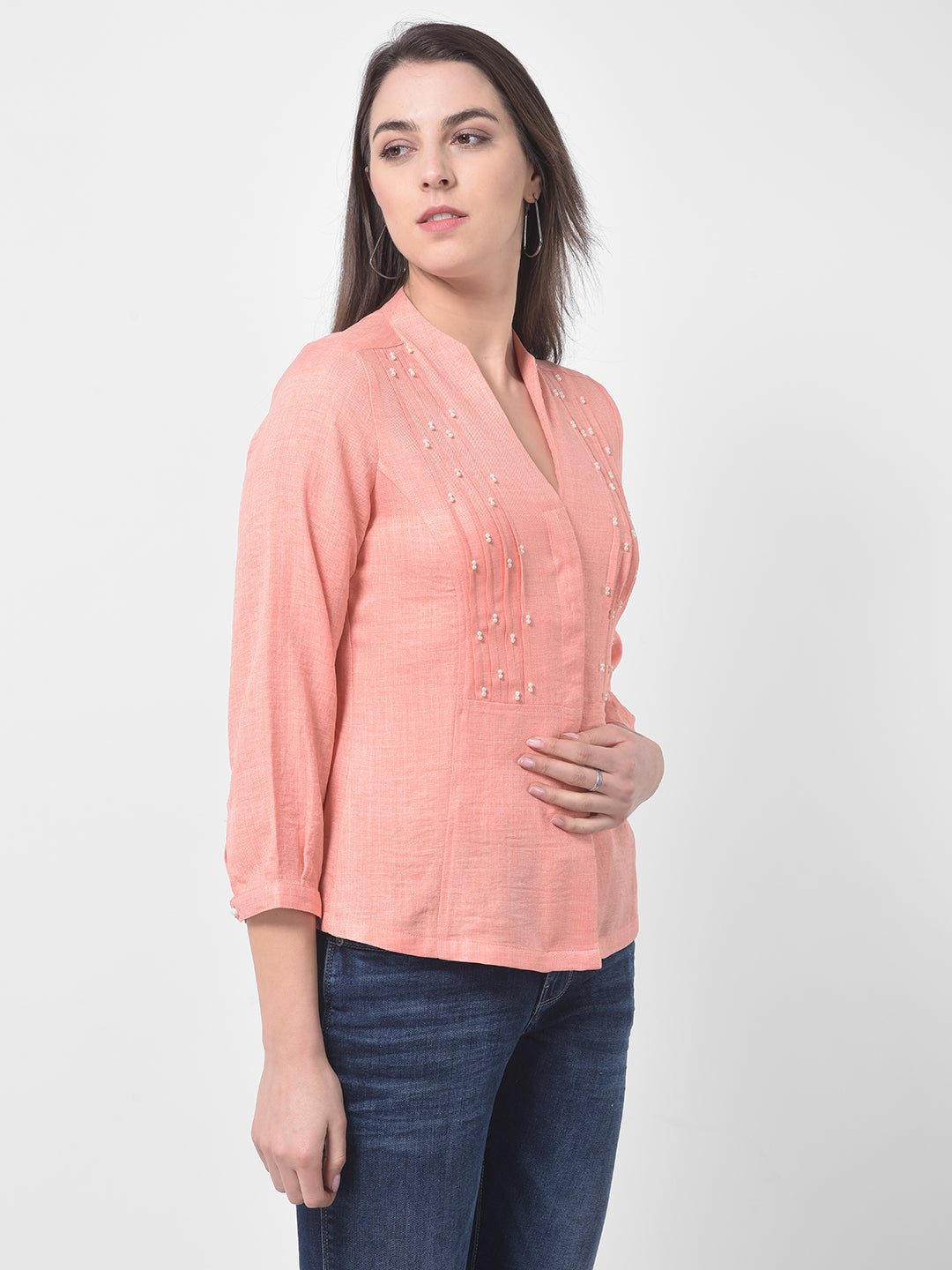 Peach 3/4 Sleeve Blouse With Pearl