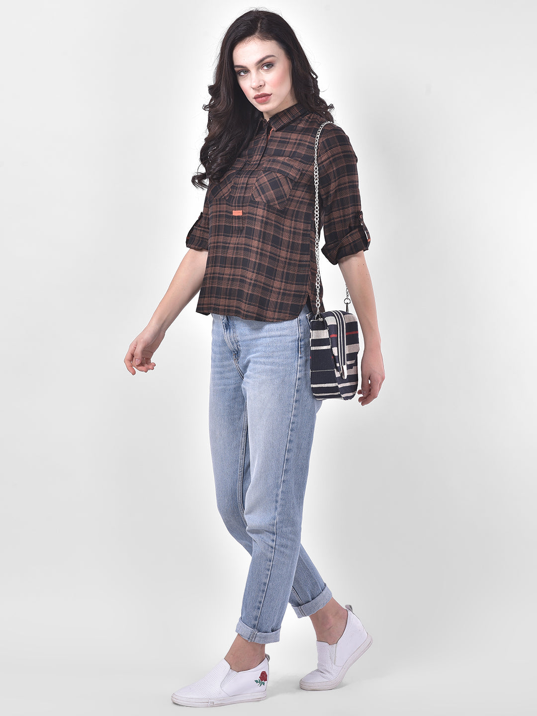 Brown 3/4 Sleeve Check Blouse