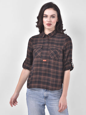 Brown 3/4 Sleeve Check Blouse