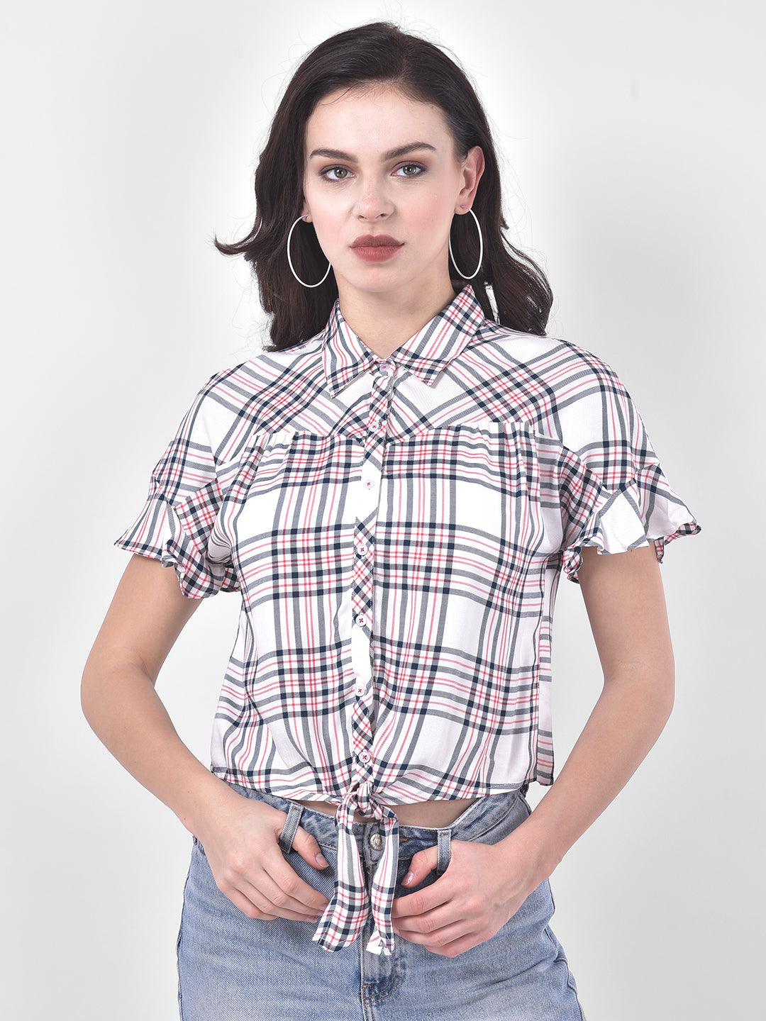 Ivory Half Sleeve Check Crop Top With Knot