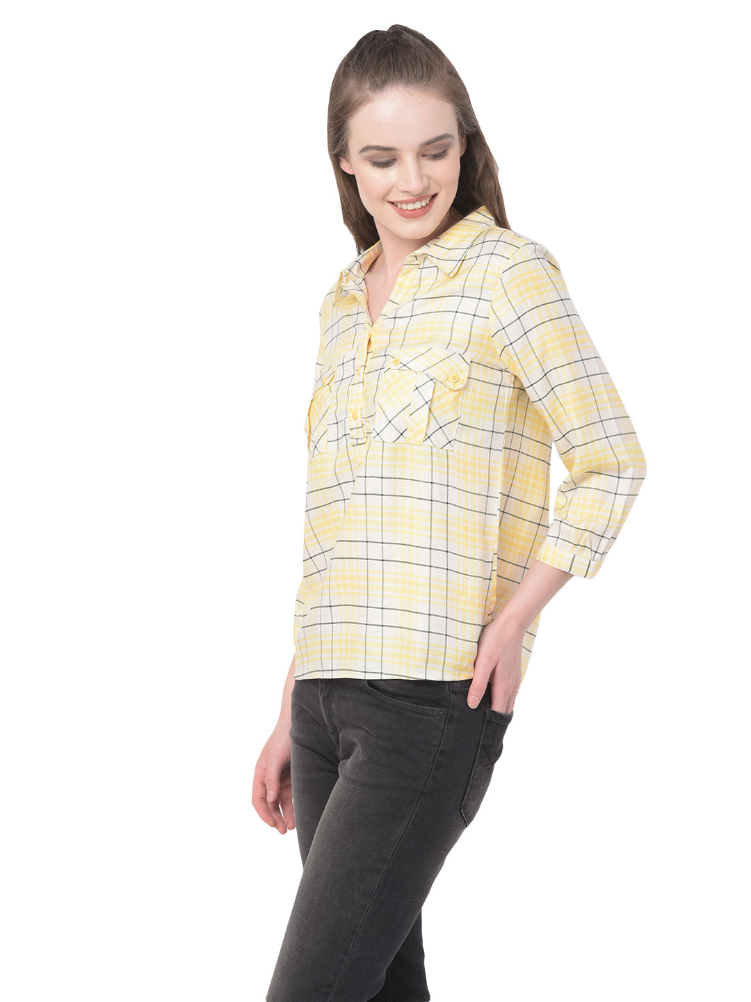 Yellow 3/4 Sleeve Blouse With Pokcet
