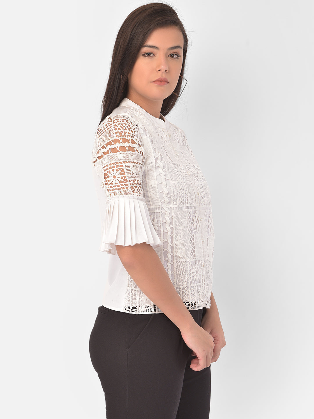 White 3/4 Sleeve Blouse With Lace