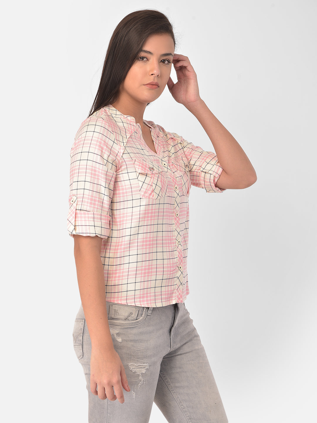 Pink 3/4 Sleeve Shirt With Pocket